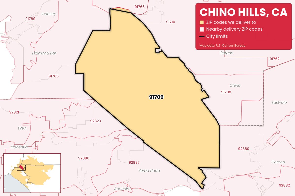 Map of Chino Hills, CA showing the ZIP codes Weed Store & Delivery IE delivers to: 91709