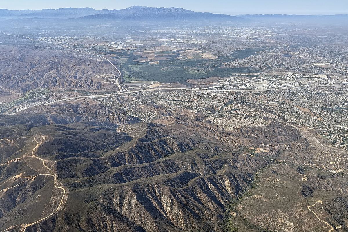 Aerial view of western Corona, California, and the surrounding hills