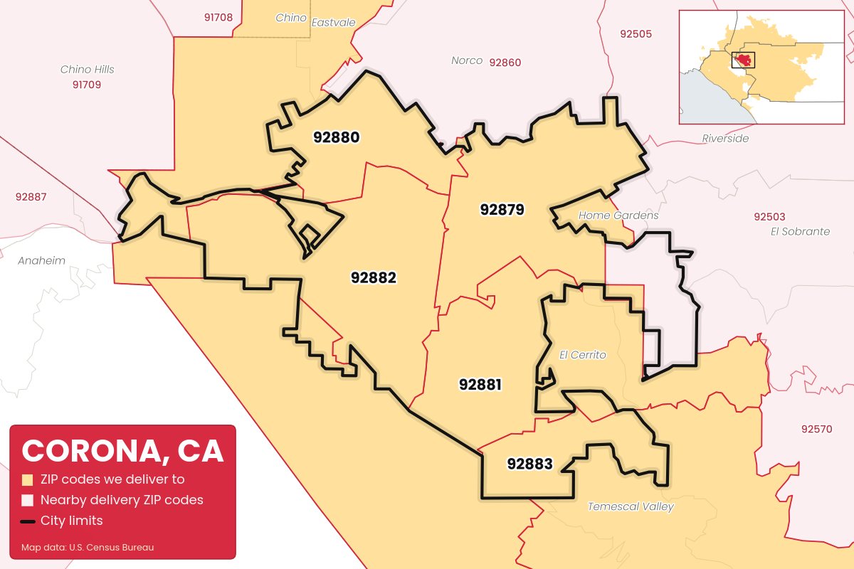 Map of Corona, CA showing the ZIP codes Weed Store & Delivery IE delivers to: 92879, 92880, 92881, 92882, 92883