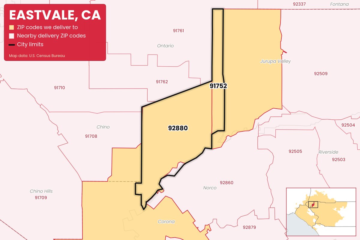 Map of Eastvale, CA showing the ZIP codes Weed Store & Delivery IE delivers to: 91752, 92880