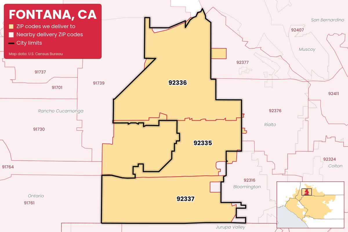 Map of Fontana, CA showing the ZIP codes Weed Store & Delivery IE delivers to: 92335, 92336, 92337