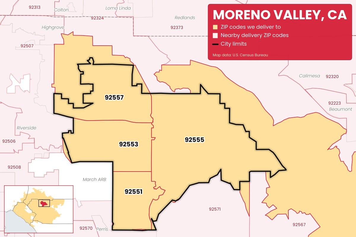 Map of Moreno Valley, CA showing the ZIP codes Weed Store & Delivery IE delivers to: 92551, 92553, 92555, 92557