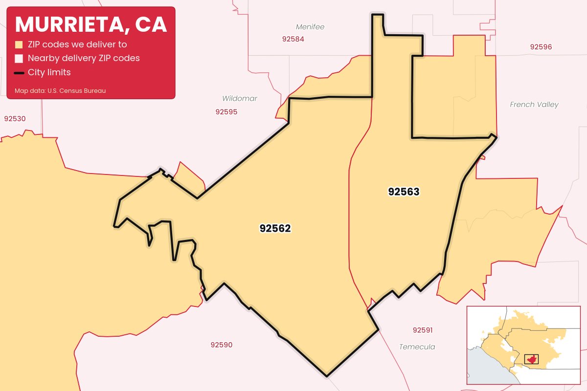 Map of Murrieta, CA showing the ZIP codes Weed Store & Delivery IE delivers to: 92562, 92563