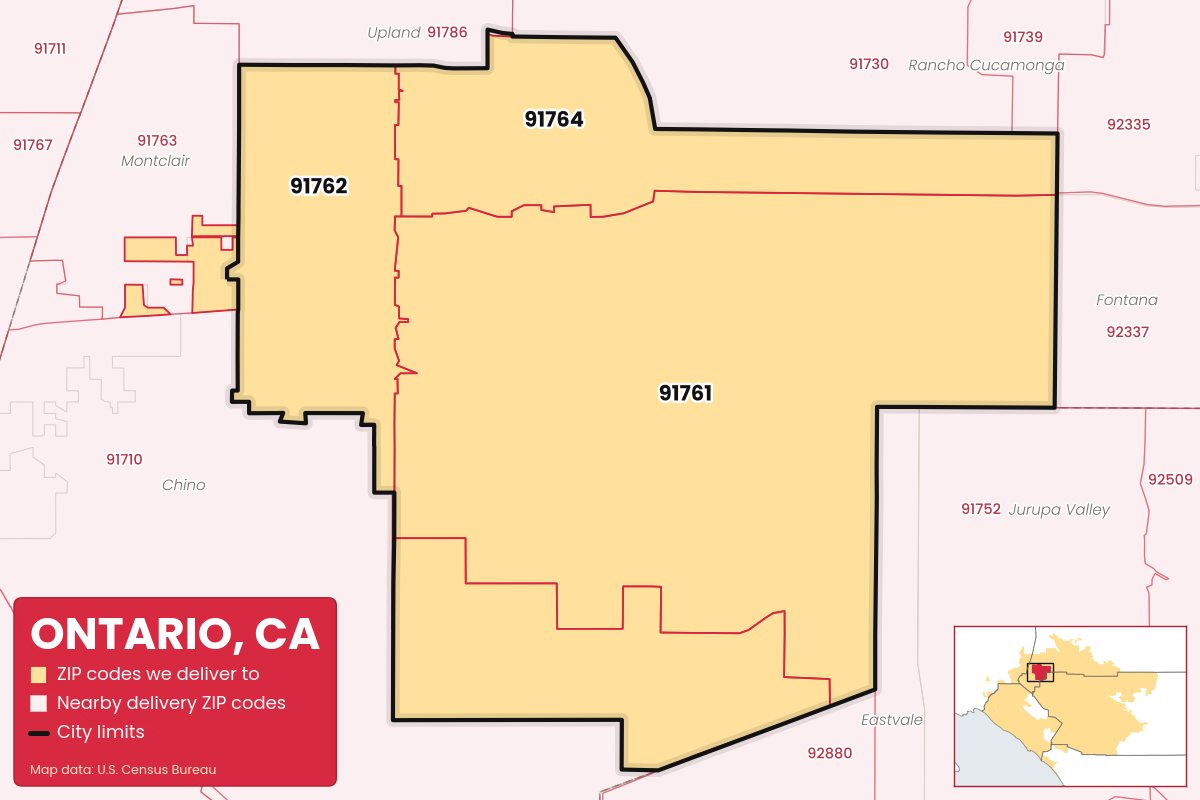 Map of Ontario, CA showing the ZIP codes Weed Store & Delivery IE delivers to: 91761, 91762, 91764