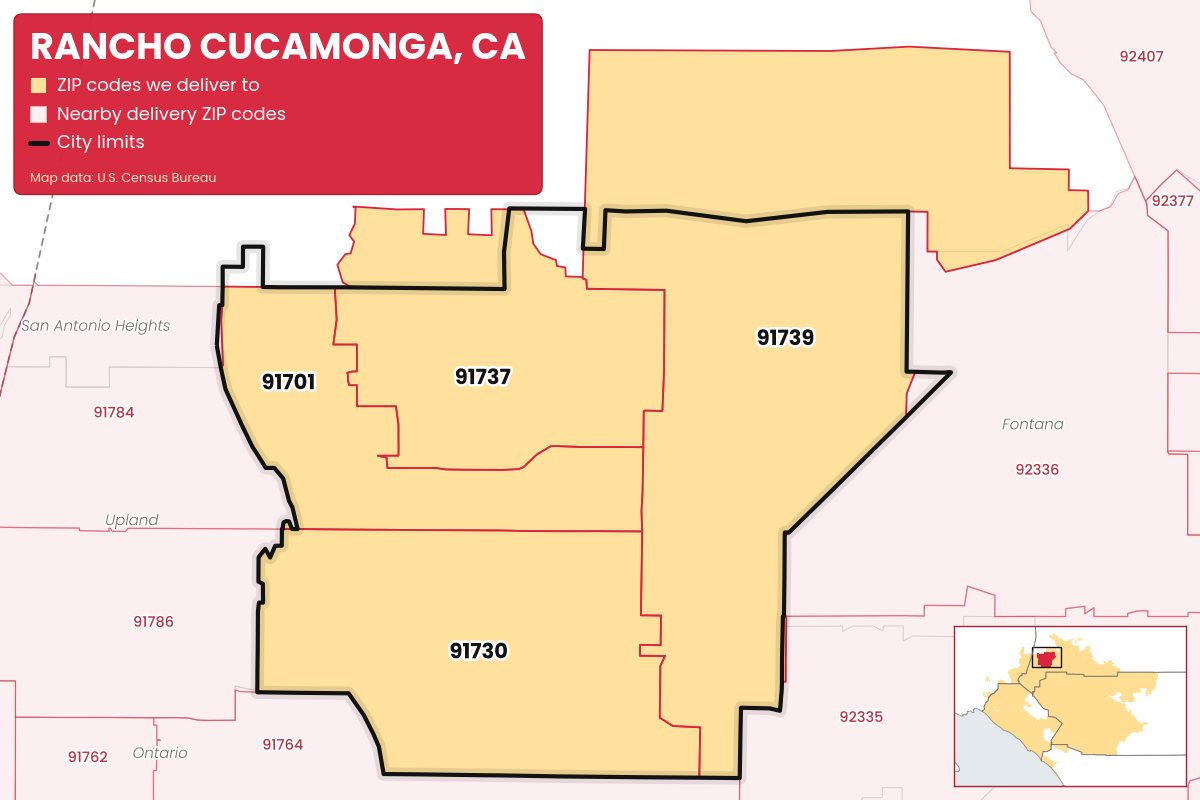 Map of Rancho Cucamonga, CA showing the ZIP codes Weed Store & Delivery IE delivers to: 91701, 91730, 91737, 91739