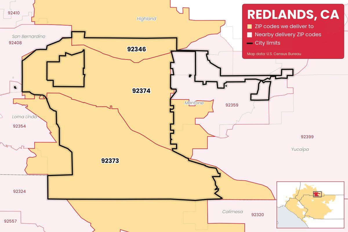 Map of Redlands, CA showing the ZIP codes Weed Store & Delivery IE delivers to: 92346, 92373, 92374