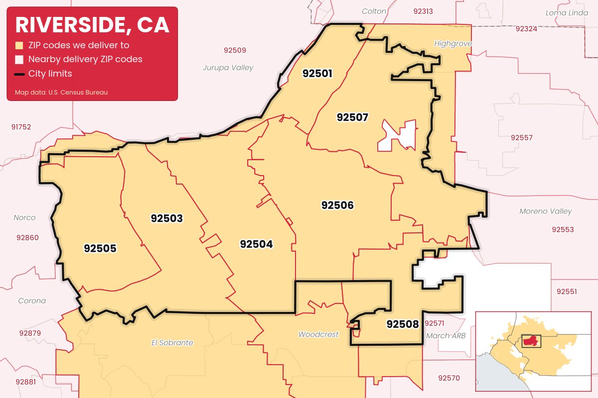 Map of Riverside, CA showing the ZIP codes Weed Store & Delivery IE delivers to: 92501, 92503, 92504, 92505, 92506, 92507, 92508
