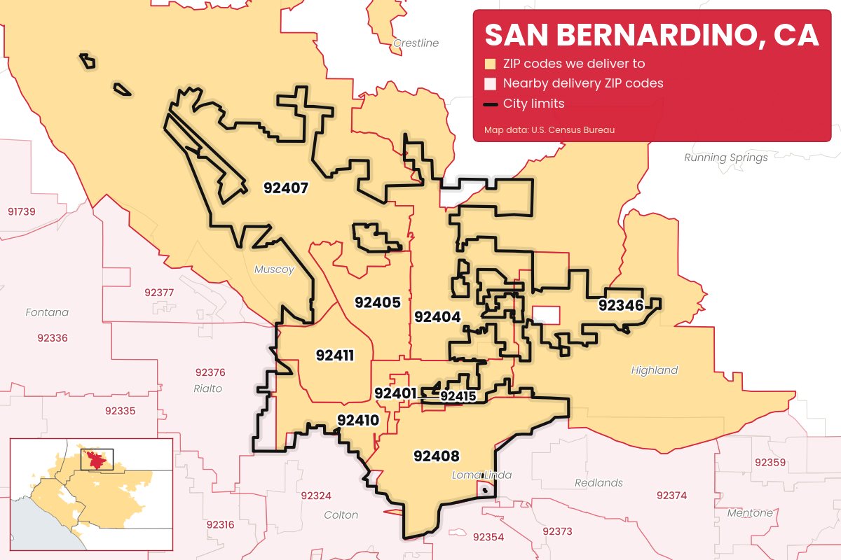 Map of San Bernardino, CA showing the ZIP codes Weed Store & Delivery IE delivers to: 92346, 92401, 92404, 92405, 92407, 92408, 92410, 92411, 92415