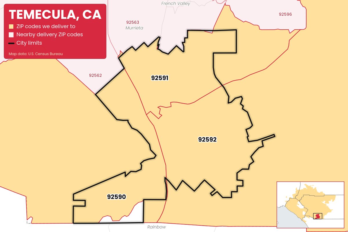Map of Temecula, CA showing the ZIP codes Weed Store & Delivery IE delivers to: 92590, 92591, 92592