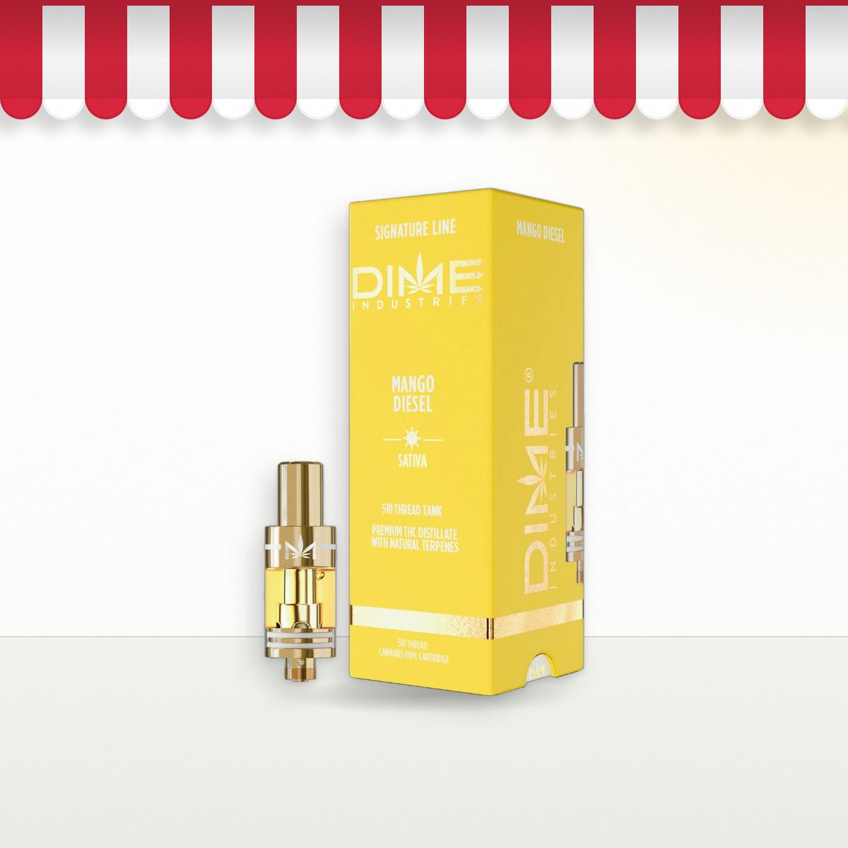 Dime Mango Diesel 1g 510 vape cartridge under a red-and-white store awning