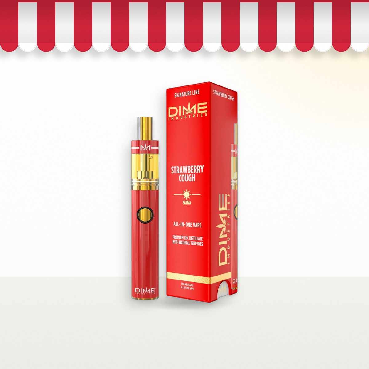 Dime Strawberry Cough 1g all-in-one vape under a red-and-white store awning