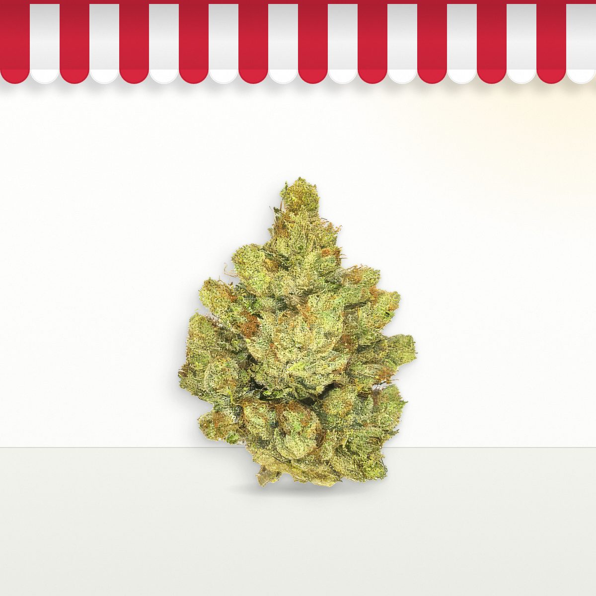 Emperor O.G. Ultra Exotic cannabis flower bud under a red-and-white store awning