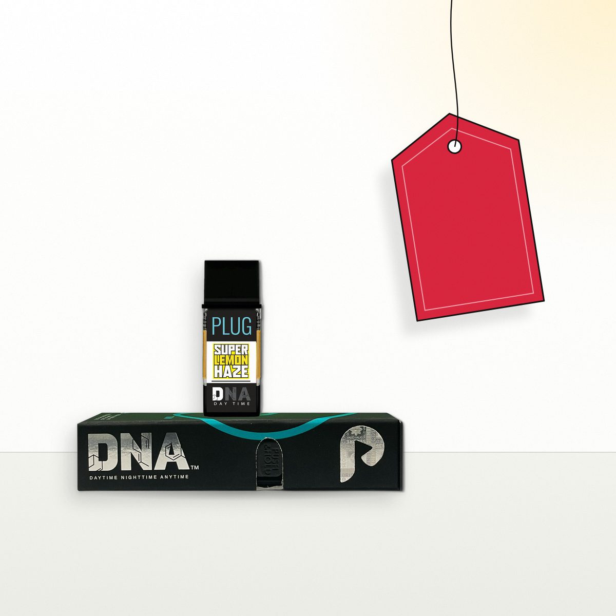 PLUG DNA Super Lemon Haze vape pod beside a blank red price tag